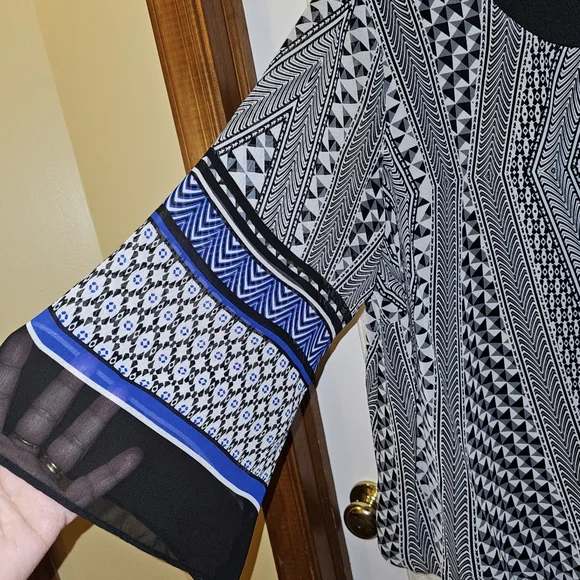 2x AGB Black and Blue Sheer Blouse with Long Angel Sleeves and Geometric Pattern - Picture 3 of 6